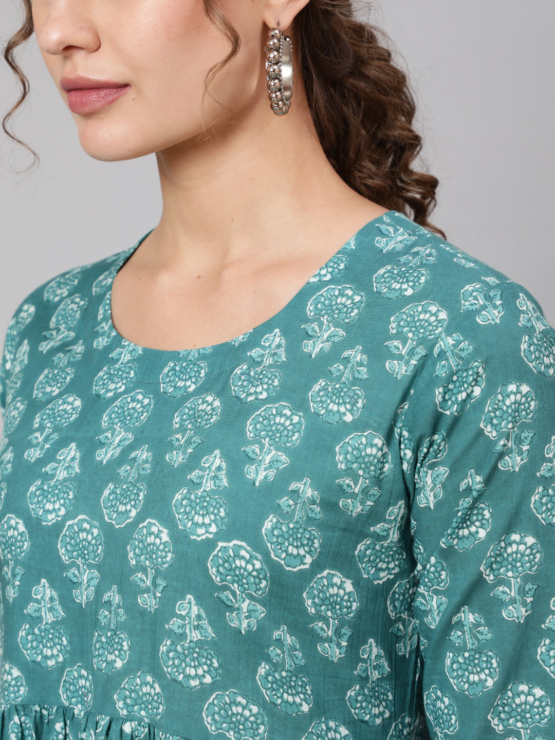 Cotton Printed Round Neck 3/4 Sleeve Flared Ankle Length Ethnic Kurta