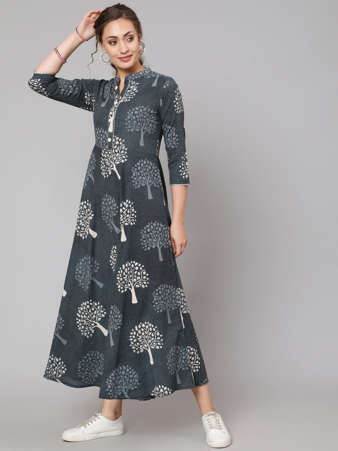 Cotton Printed Mandarin Neck 3/4 Sleeve Flared Ankle Length Ethnic Kurta