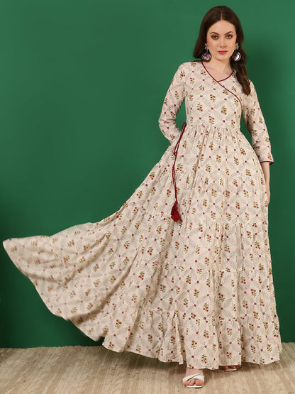 Cotton Printed Ankle Length 3/4 Sleeve V-Neck Angrakha Tiered Kurta