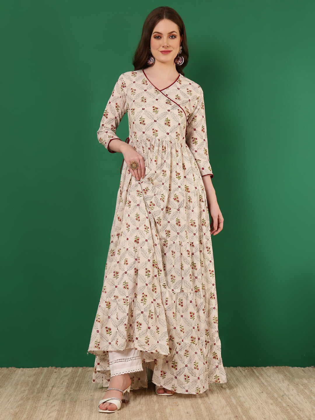 Cotton Printed Ankle Length 3/4 Sleeve V-Neck Angrakha Tiered Kurta