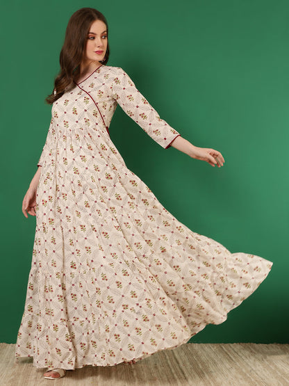 Cotton Printed Ankle Length 3/4 Sleeve V-Neck Angrakha Tiered Kurta