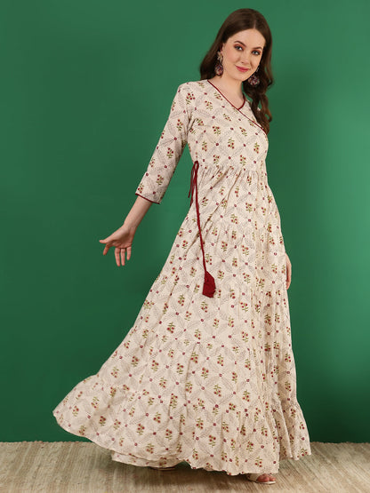 Cotton Printed Ankle Length 3/4 Sleeve V-Neck Angrakha Tiered Kurta