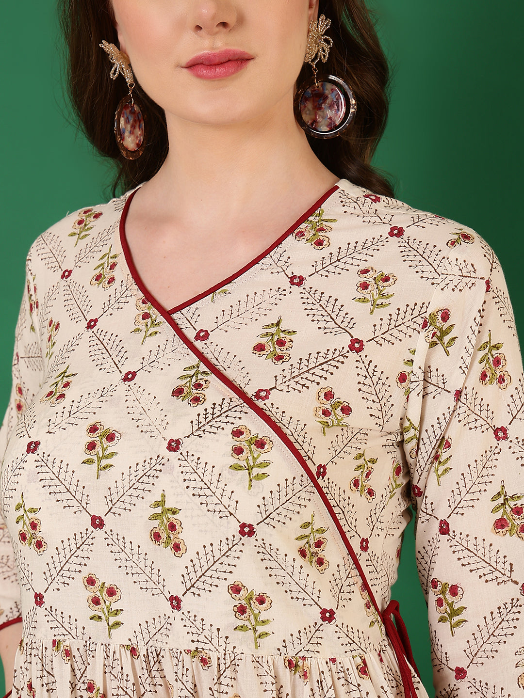 Cotton Printed Ankle Length 3/4 Sleeve V-Neck Angrakha Tiered Kurta