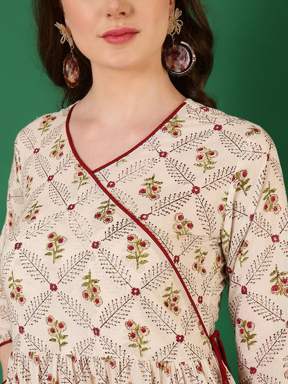 Cotton Printed Ankle Length 3/4 Sleeve V-Neck Angrakha Tiered Kurta