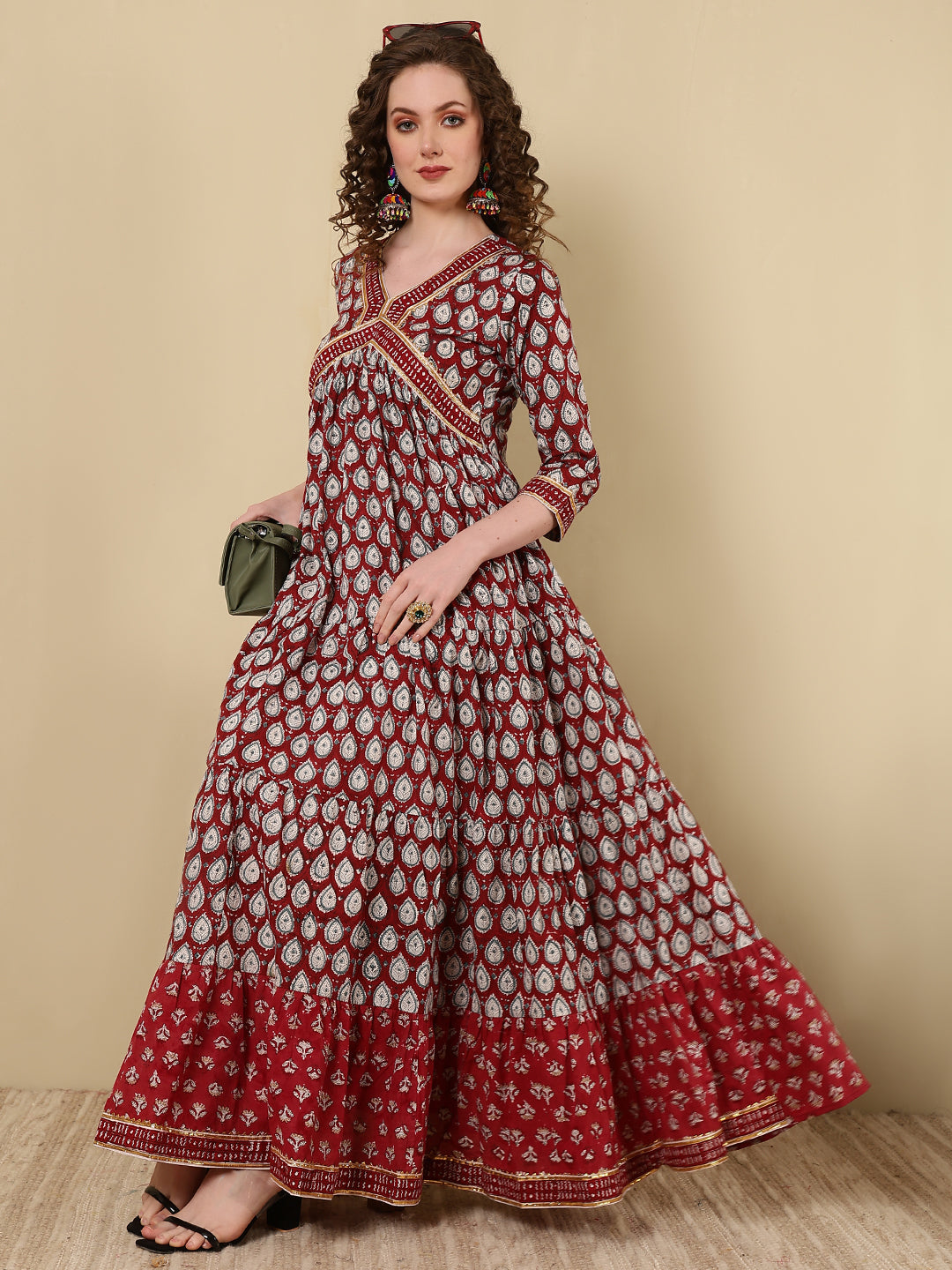 Rayon Printed Ankle Length 3/4 Sleeve V-Neck Alia Cut Tiered Kurta