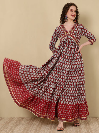 Rayon Printed Ankle Length 3/4 Sleeve V-Neck Alia Cut Tiered Kurta