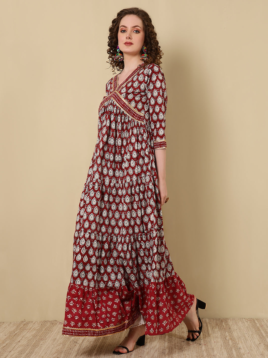 Rayon Printed Ankle Length 3/4 Sleeve V-Neck Alia Cut Tiered Kurta