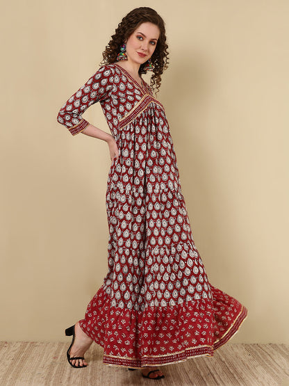 Rayon Printed Ankle Length 3/4 Sleeve V-Neck Alia Cut Tiered Kurta