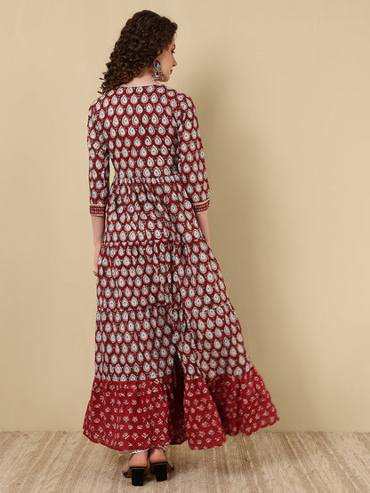 Rayon Printed Ankle Length 3/4 Sleeve V-Neck Alia Cut Tiered Kurta