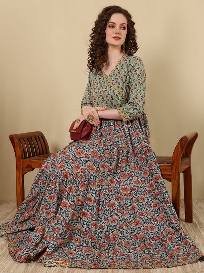 Rayon Printed Ankle Length 3/4 Sleeve V-Neck Angrakha Tiered Kurta