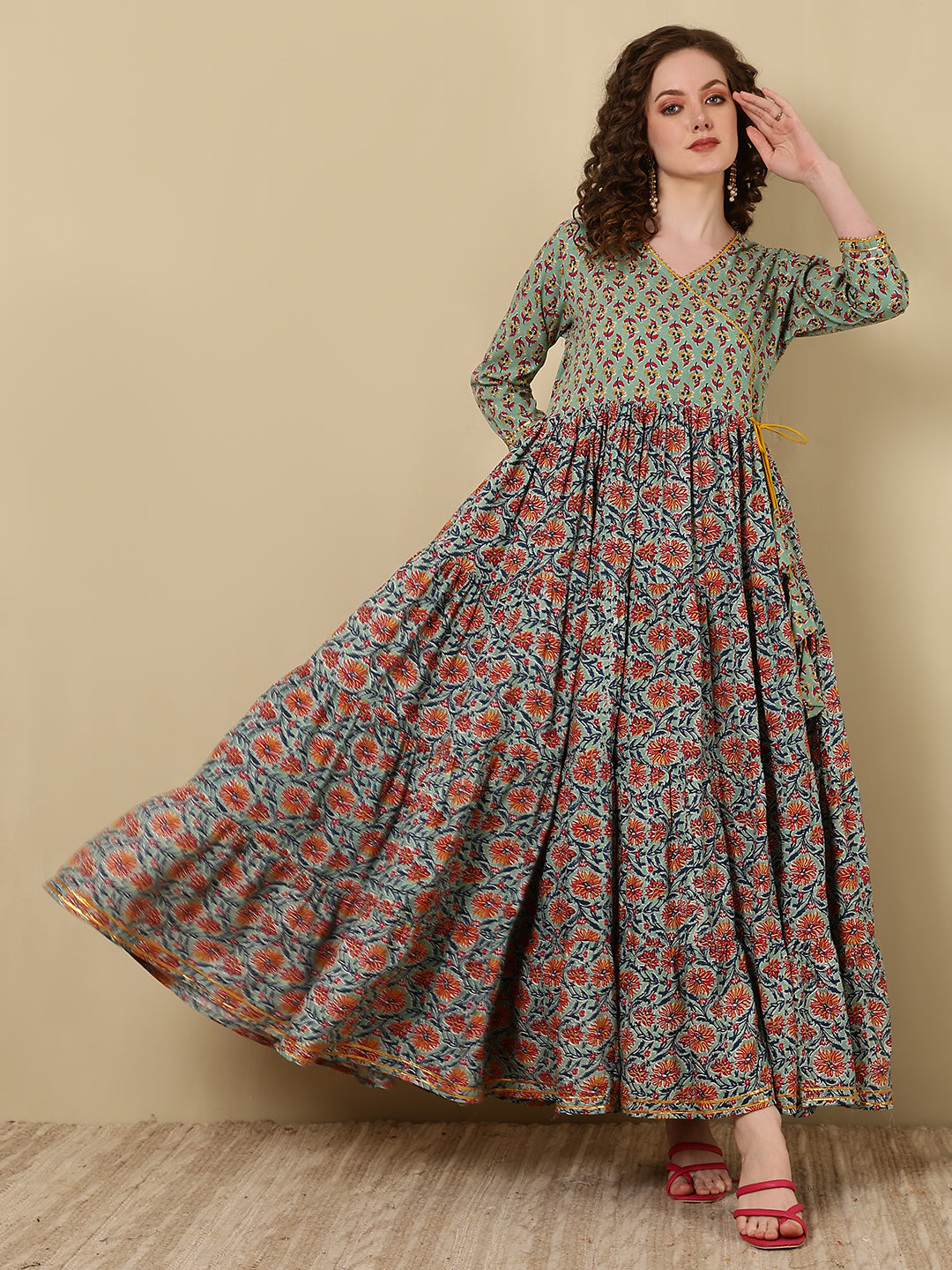 Rayon Printed Ankle Length 3/4 Sleeve V-Neck Angrakha Tiered Kurta