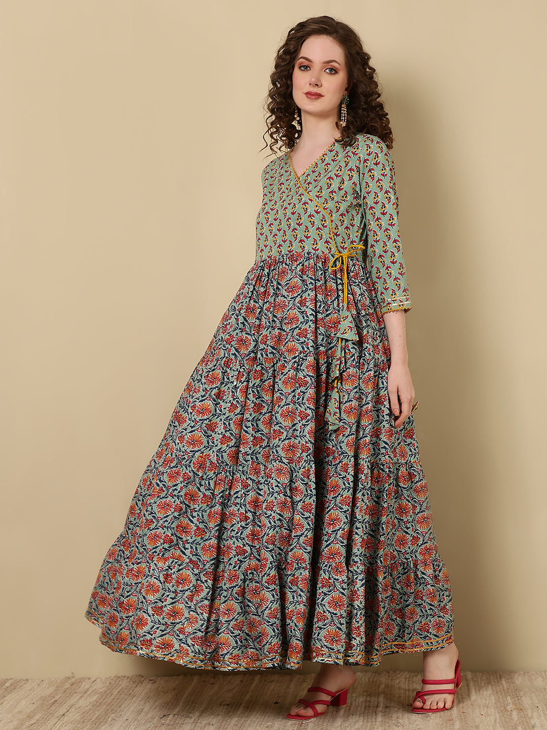 Rayon Printed Ankle Length 3/4 Sleeve V-Neck Angrakha Tiered Kurta