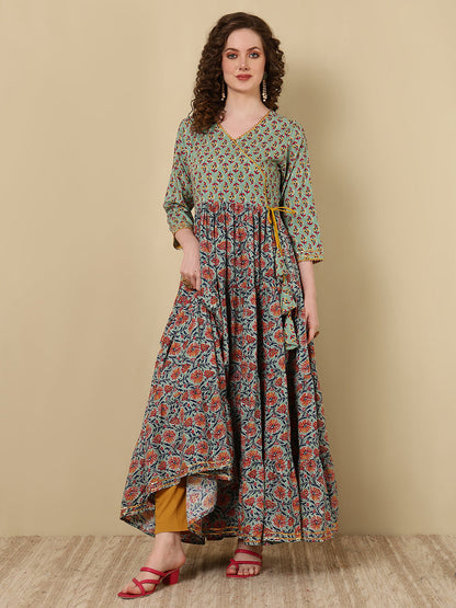 Rayon Printed Ankle Length 3/4 Sleeve V-Neck Angrakha Tiered Kurta