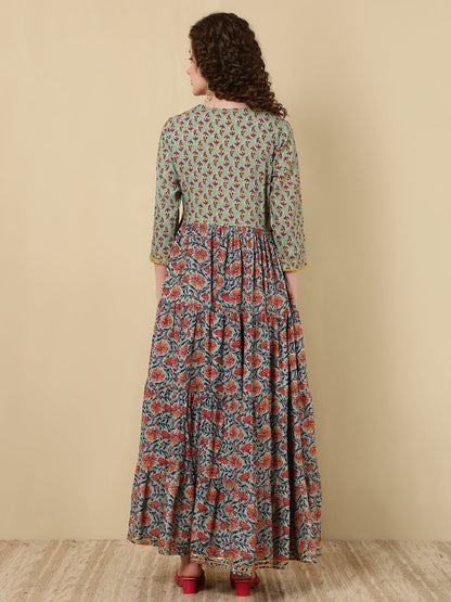 Rayon Printed Ankle Length 3/4 Sleeve V-Neck Angrakha Tiered Kurta