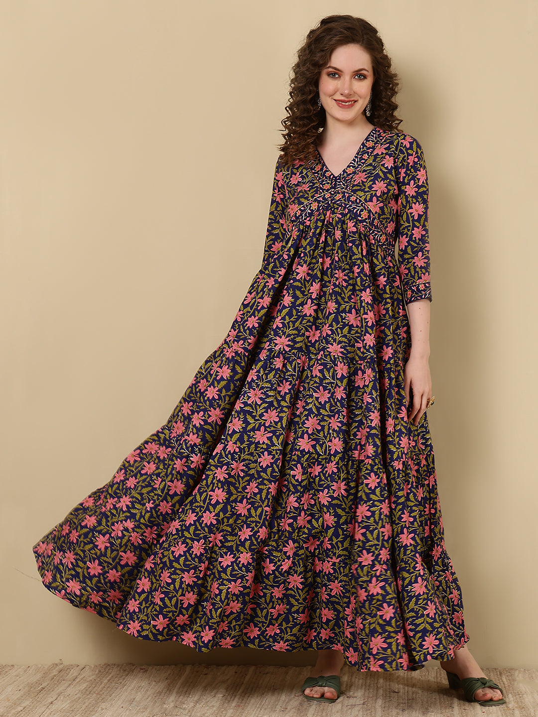 Rayon Printed Ankle Length 3/4 Sleeve V-Neck Alia Cut Tiered Kurta