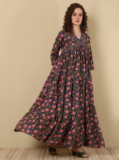 Rayon Printed Ankle Length 3/4 Sleeve V-Neck Alia Cut Tiered Kurta