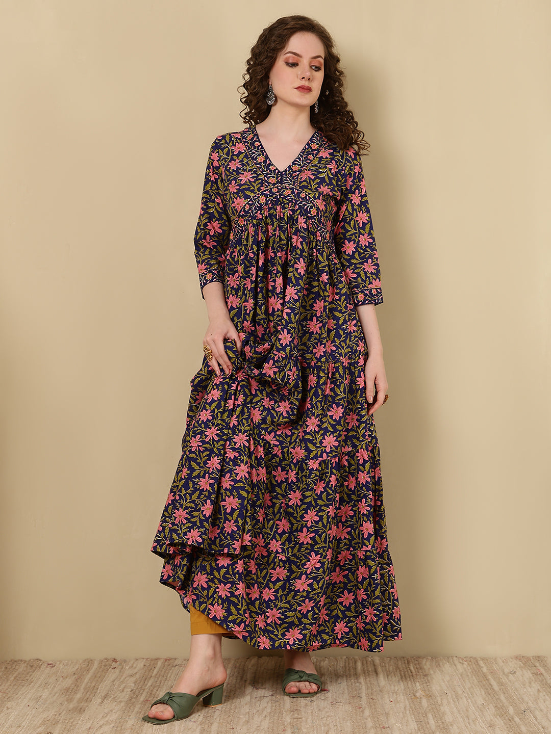 Rayon Printed Ankle Length 3/4 Sleeve V-Neck Alia Cut Tiered Kurta