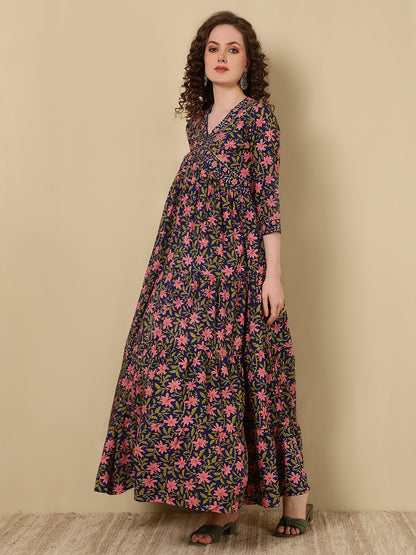 Rayon Printed Ankle Length 3/4 Sleeve V-Neck Alia Cut Tiered Kurta