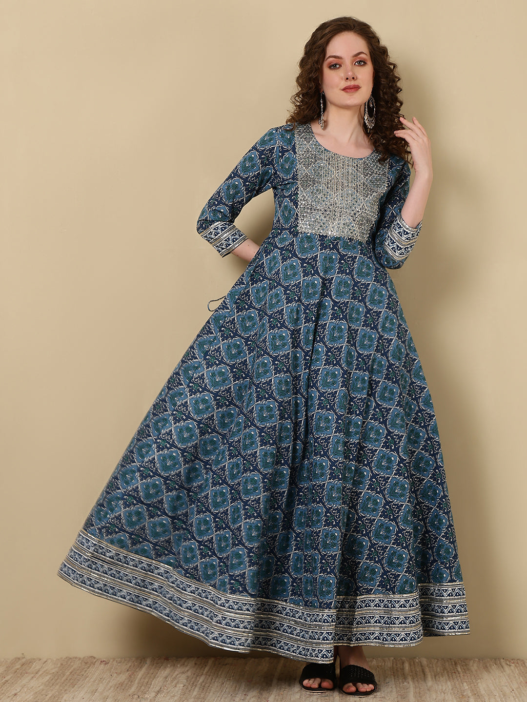 Cotton Embroidered Printed Ankle Length 3/4 Sleeve Round Neck Anarkali Kurta