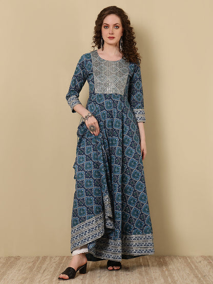 Cotton Embroidered Printed Ankle Length 3/4 Sleeve Round Neck Anarkali Kurta