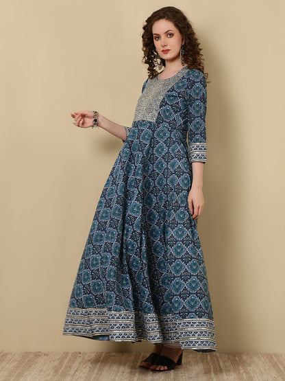 Cotton Embroidered Printed Ankle Length 3/4 Sleeve Round Neck Anarkali Kurta