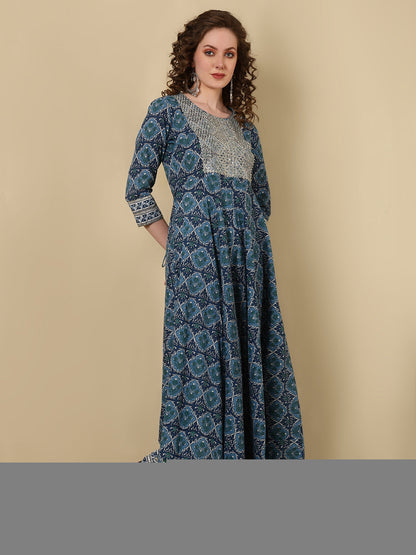 Cotton Embroidered Printed Ankle Length 3/4 Sleeve Round Neck Anarkali Kurta