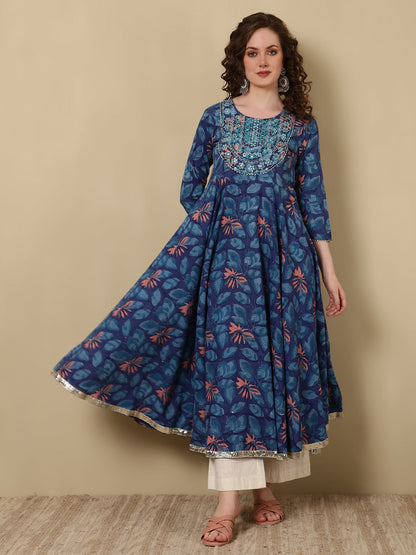 Cotton Embroidered Printed Ankle Length 3/4 Sleeve Round Neck Anarkali Kurta