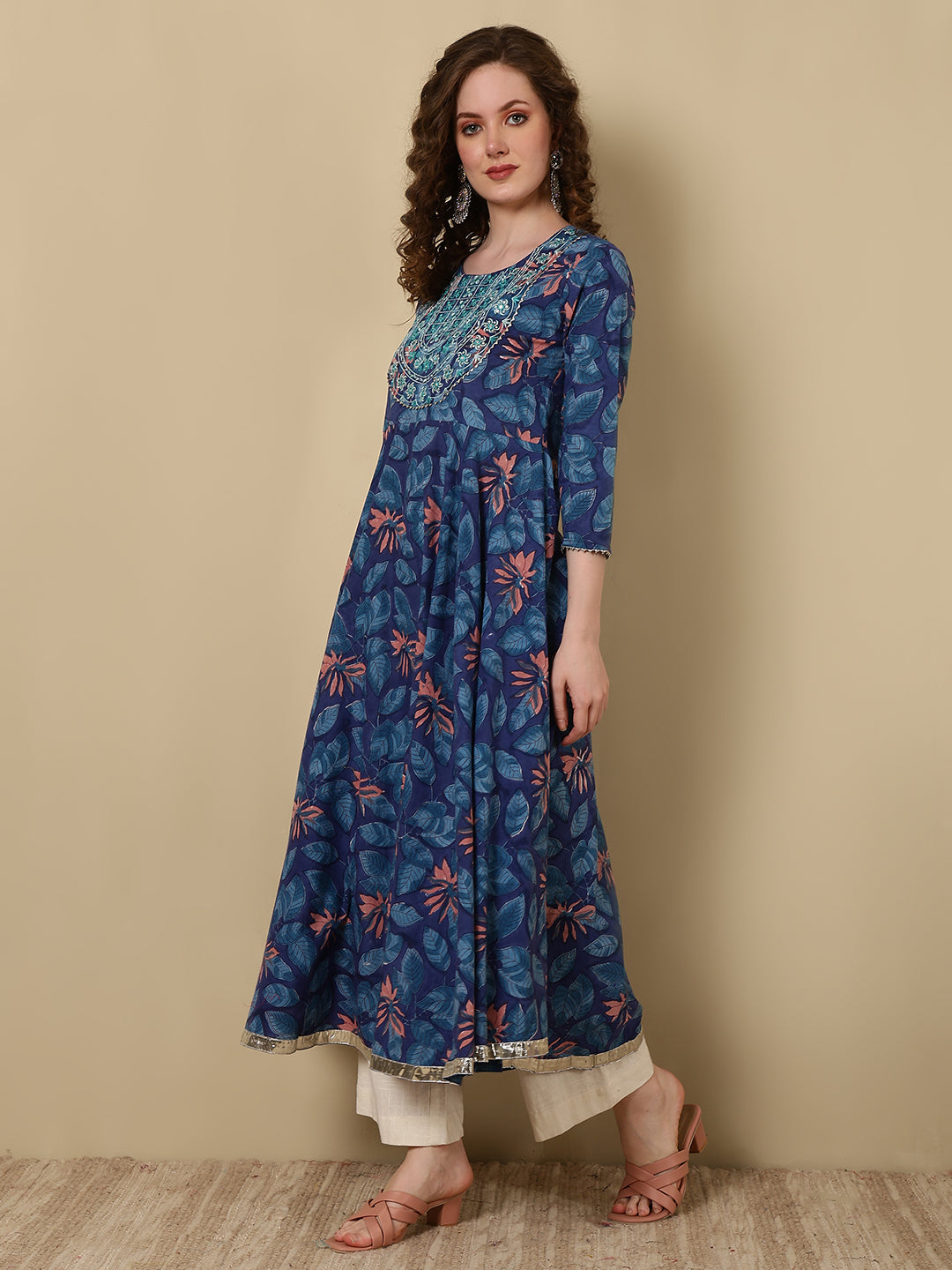 Cotton Embroidered Printed Ankle Length 3/4 Sleeve Round Neck Anarkali Kurta