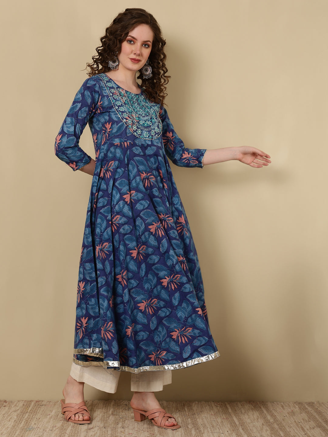 Cotton Embroidered Printed Ankle Length 3/4 Sleeve Round Neck Anarkali Kurta