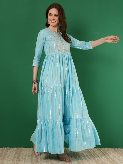 Cotton Lurex Embroidered Ankle Length 3/4 Sleeve Round Neck Tiered Kurta