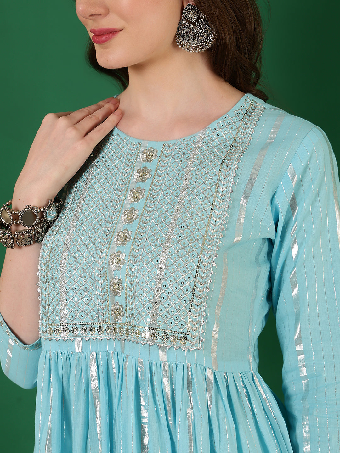 Cotton Lurex Embroidered Ankle Length 3/4 Sleeve Round Neck Tiered Kurta