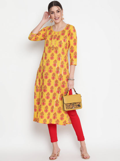 Cotton Printed Round Neck 3/4 Sleeve Straight Calf Length Ethnic Kurta