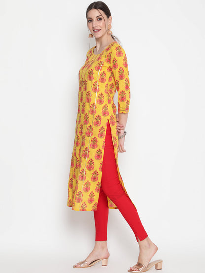 Cotton Printed Round Neck 3/4 Sleeve Straight Calf Length Ethnic Kurta