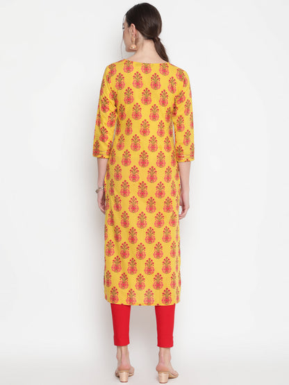 Cotton Printed Round Neck 3/4 Sleeve Straight Calf Length Ethnic Kurta