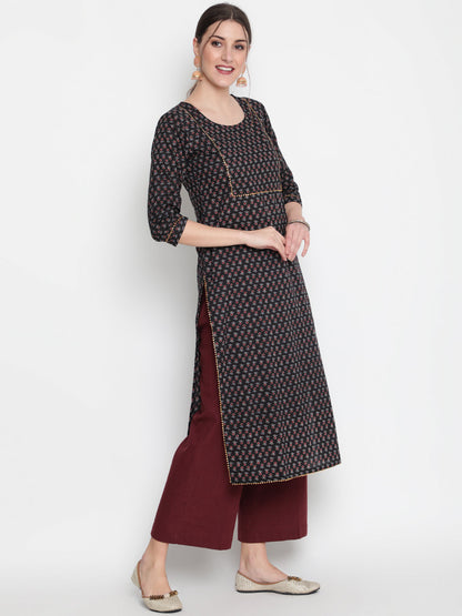 Cotton Printed Round Neck 3/4 Sleeve Straight Calf Length Ethnic Kurta