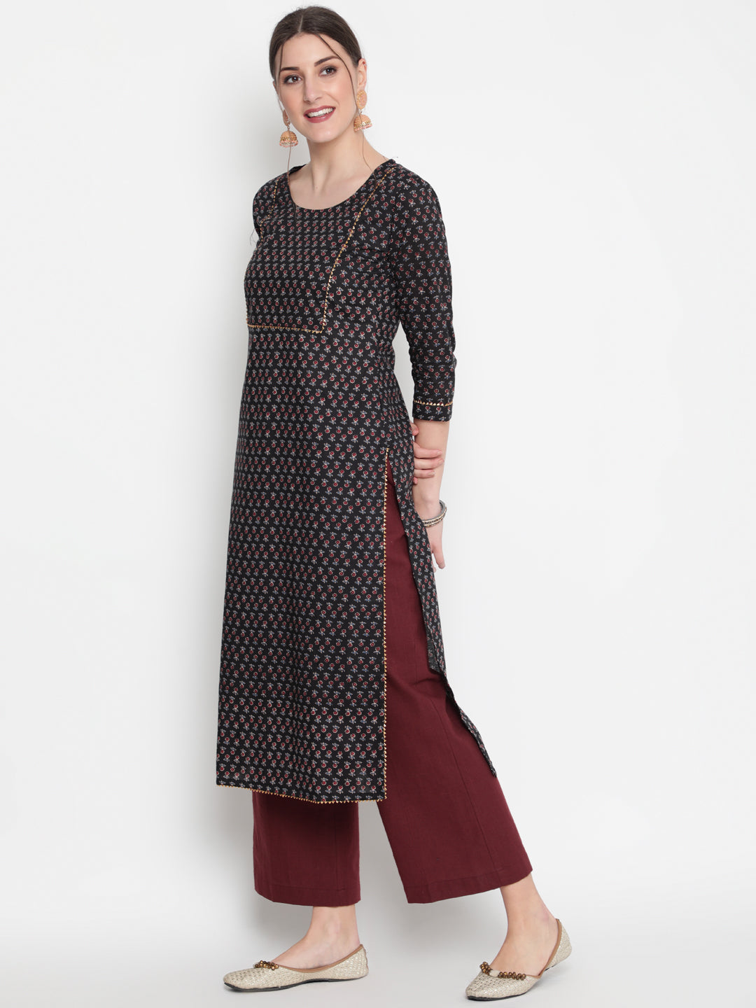 Cotton Printed Round Neck 3/4 Sleeve Straight Calf Length Ethnic Kurta