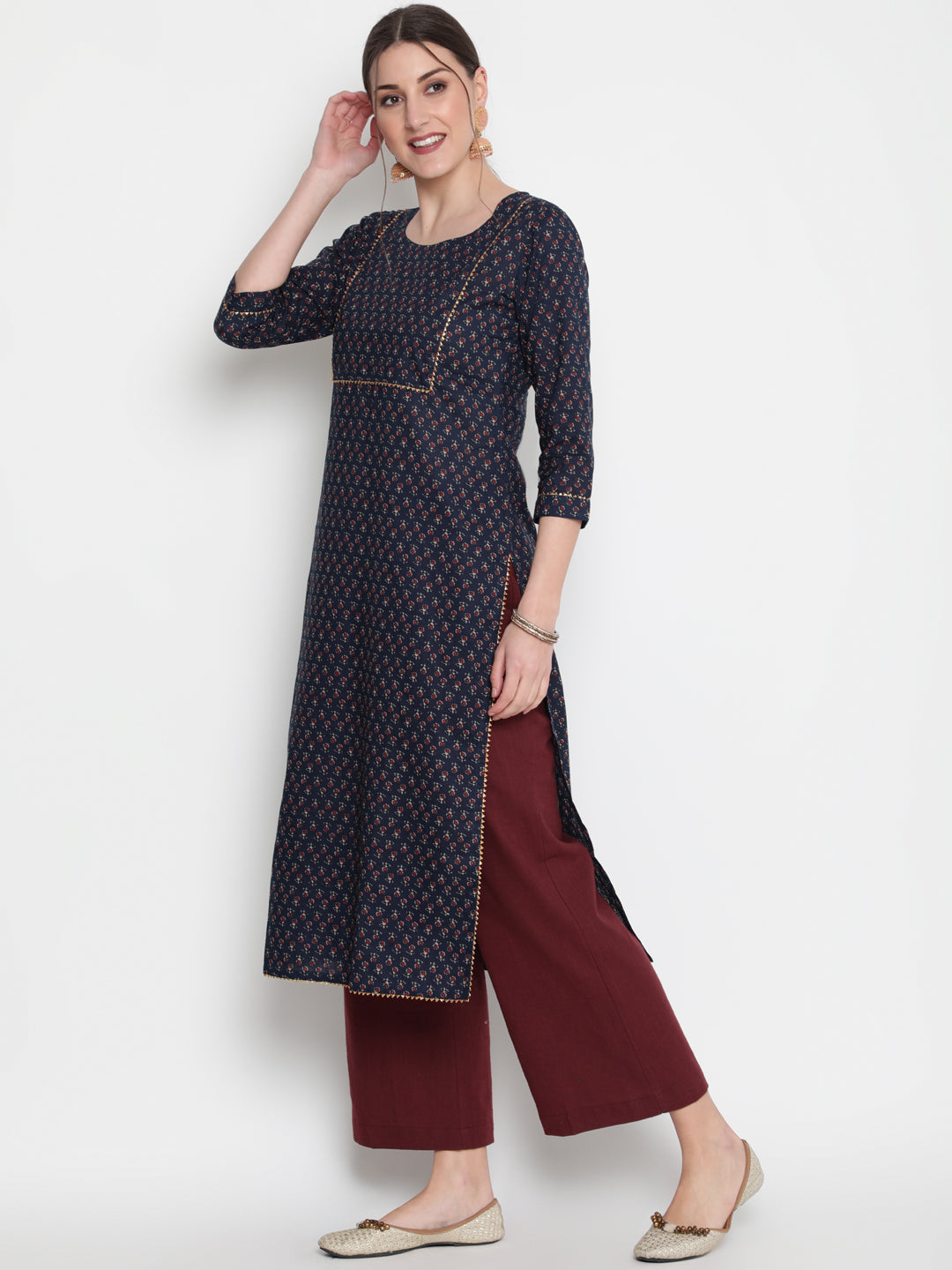 Cotton Printed Round Neck 3/4 Sleeve Straight Calf Length Ethnic Kurta