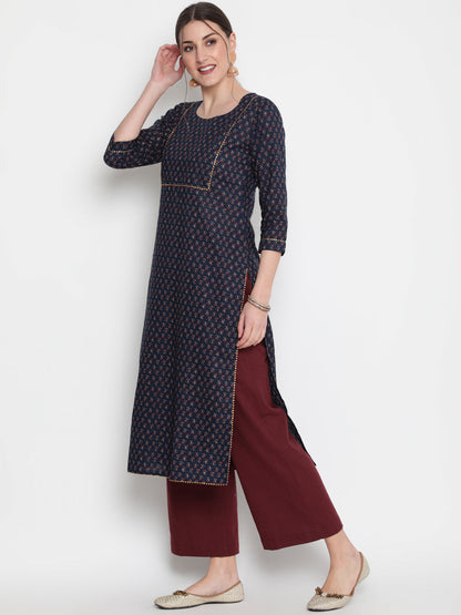 Cotton Printed Round Neck 3/4 Sleeve Straight Calf Length Ethnic Kurta