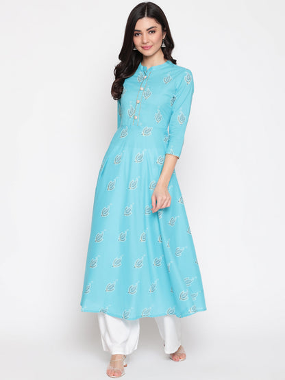 Cotton Printed Round Neck 3/4 Sleeve Flared Ankle Length Ethnic Kurta