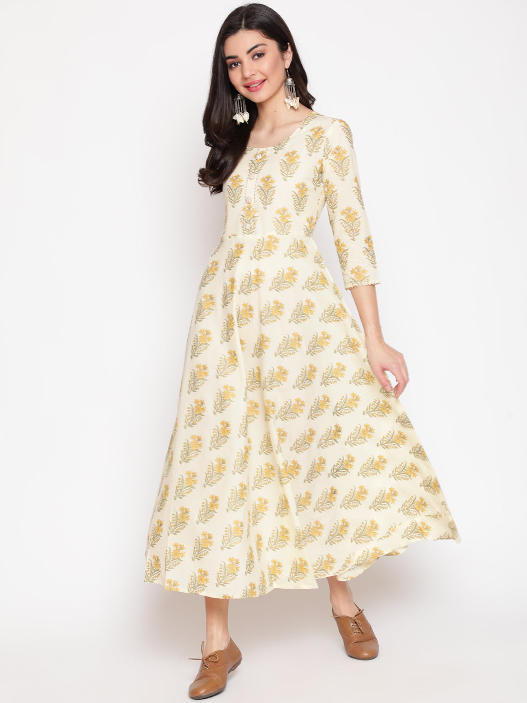 Cotton Printed Mandarin Neck 3/4 Sleeve Flared Ankle Length Ethnic Kurta