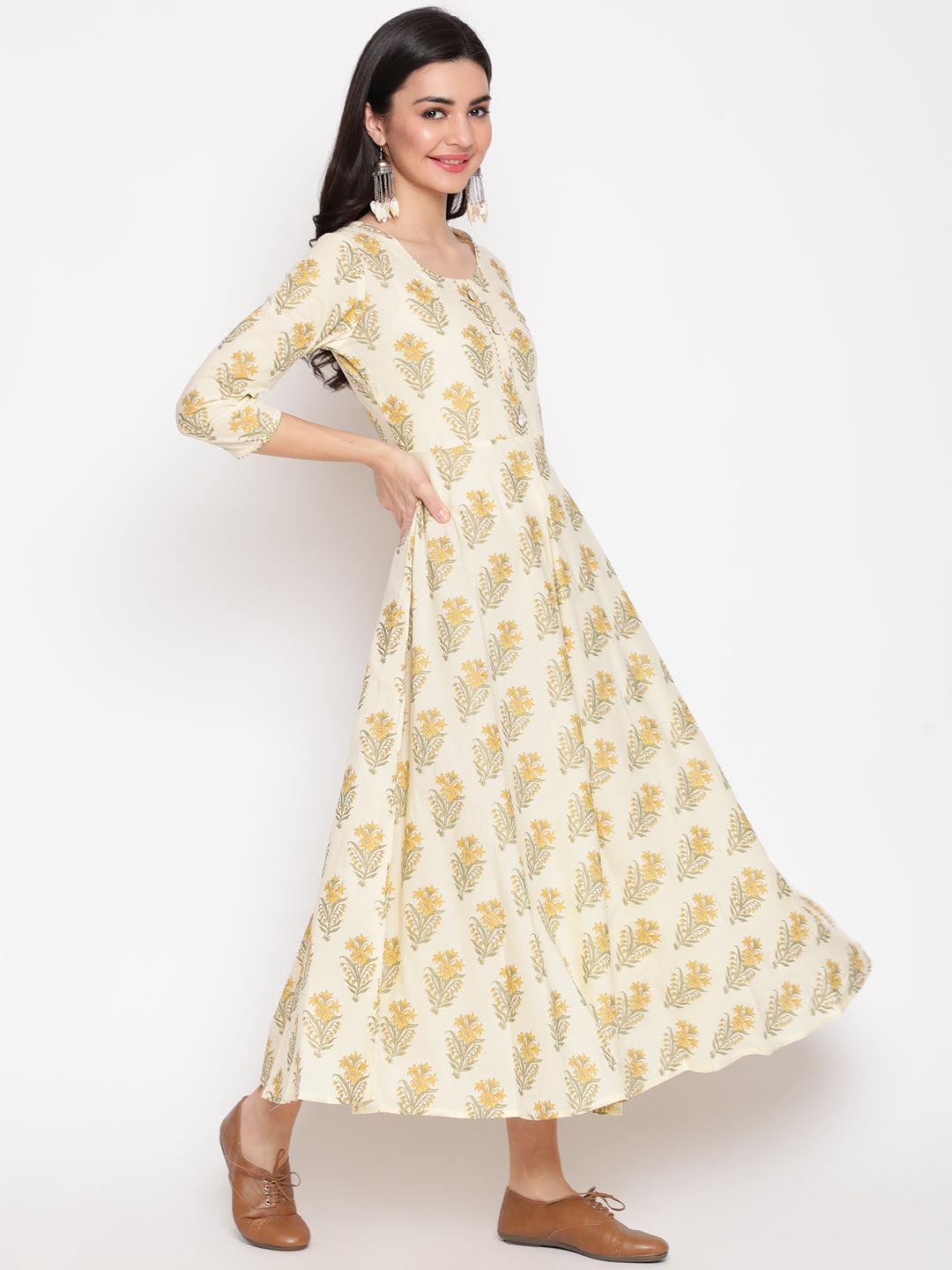 Cotton Printed Mandarin Neck 3/4 Sleeve Flared Ankle Length Ethnic Kurta