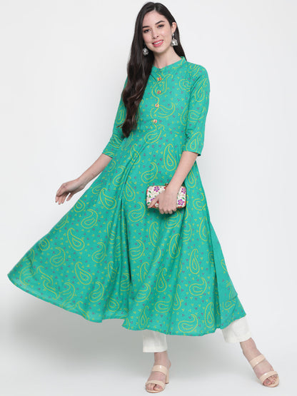 Cotton Printed Mandarin Neck 3/4 Sleeve Flared Ankle Length Ethnic Kurta