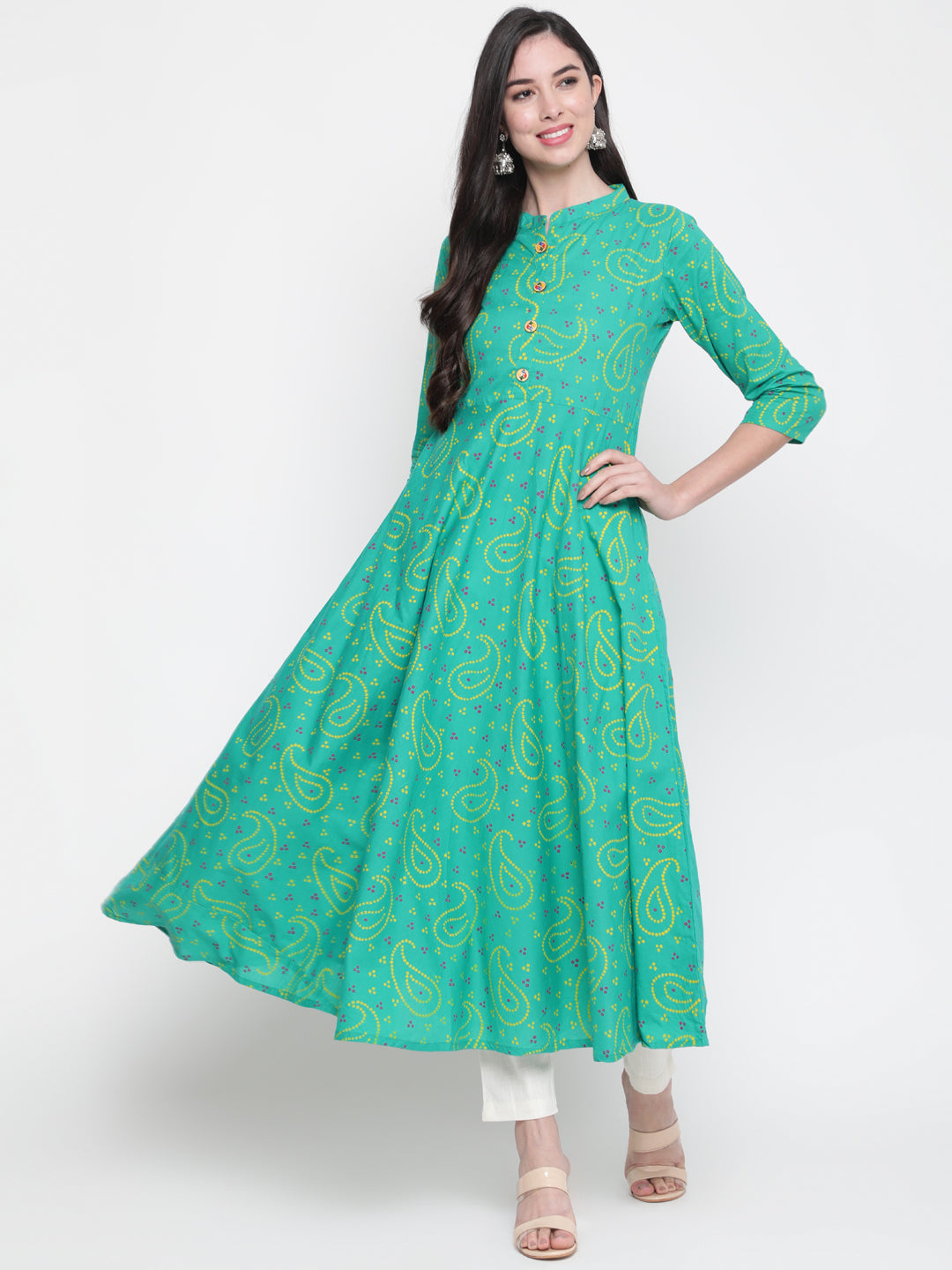 Cotton Printed Mandarin Neck 3/4 Sleeve Flared Ankle Length Ethnic Kurta