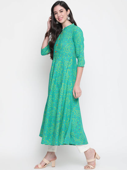 Cotton Printed Mandarin Neck 3/4 Sleeve Flared Ankle Length Ethnic Kurta