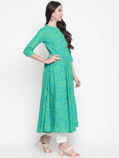 Cotton Printed Mandarin Neck 3/4 Sleeve Flared Ankle Length Ethnic Kurta