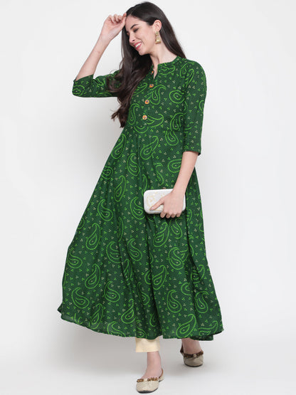 Cotton Printed Mandarin Neck 3/4 Sleeve Flared Ankle Length Ethnic Kurta