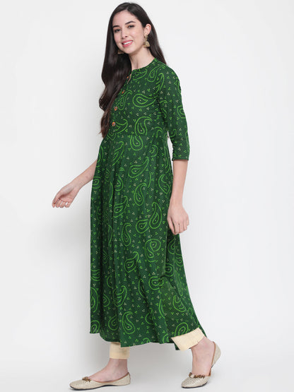 Cotton Printed Mandarin Neck 3/4 Sleeve Flared Ankle Length Ethnic Kurta