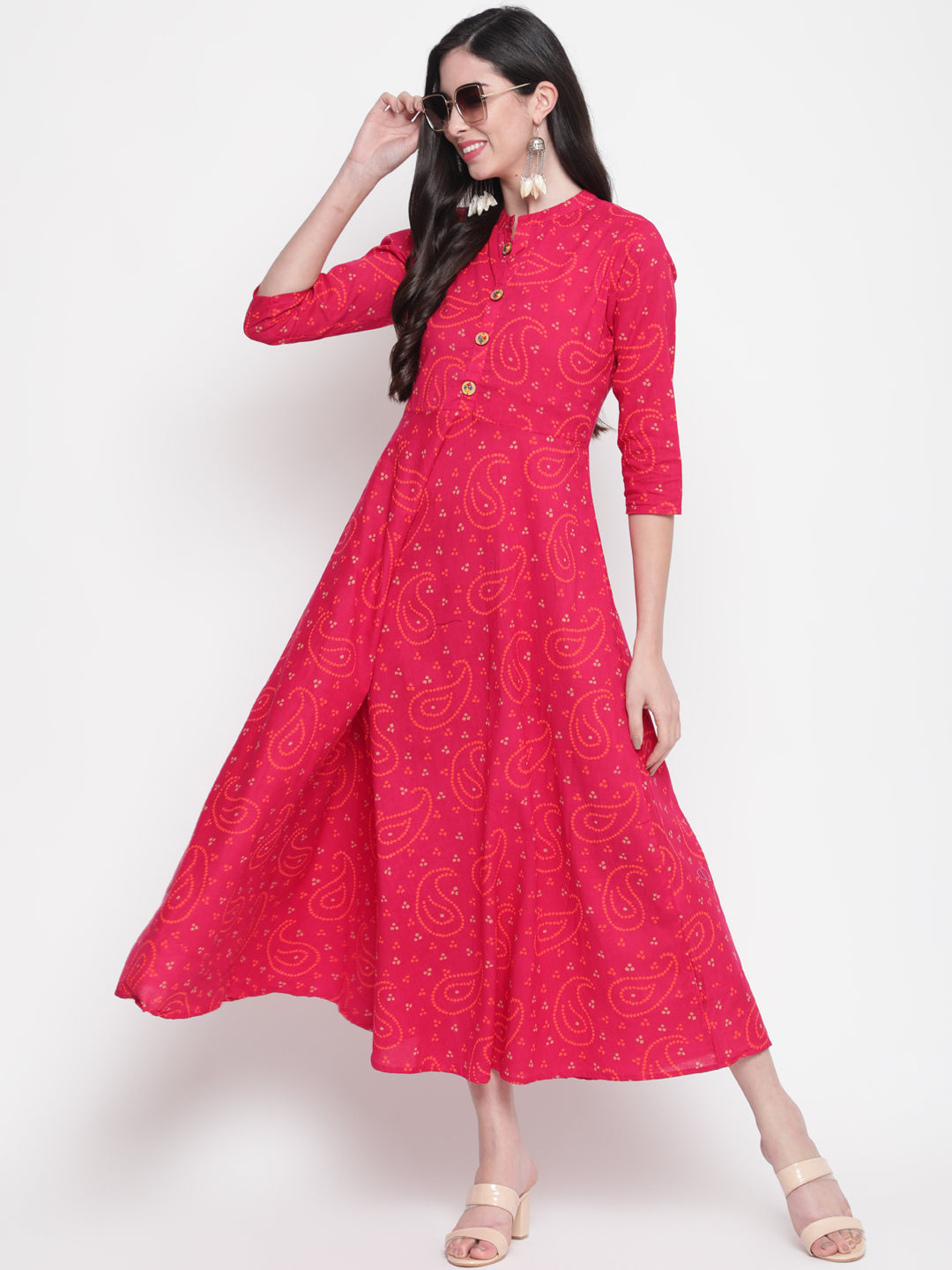 Cotton Printed Mandarin Neck 3/4 Sleeve Flared Ankle Length Ethnic Kurta