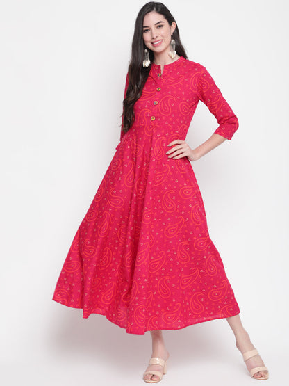 Cotton Printed Mandarin Neck 3/4 Sleeve Flared Ankle Length Ethnic Kurta