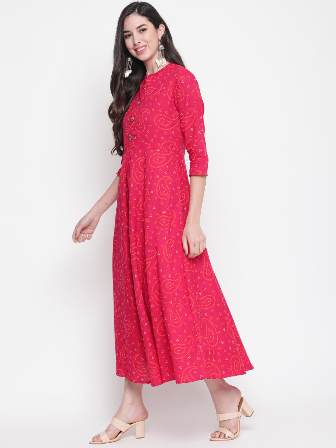 Cotton Printed Mandarin Neck 3/4 Sleeve Flared Ankle Length Ethnic Kurta